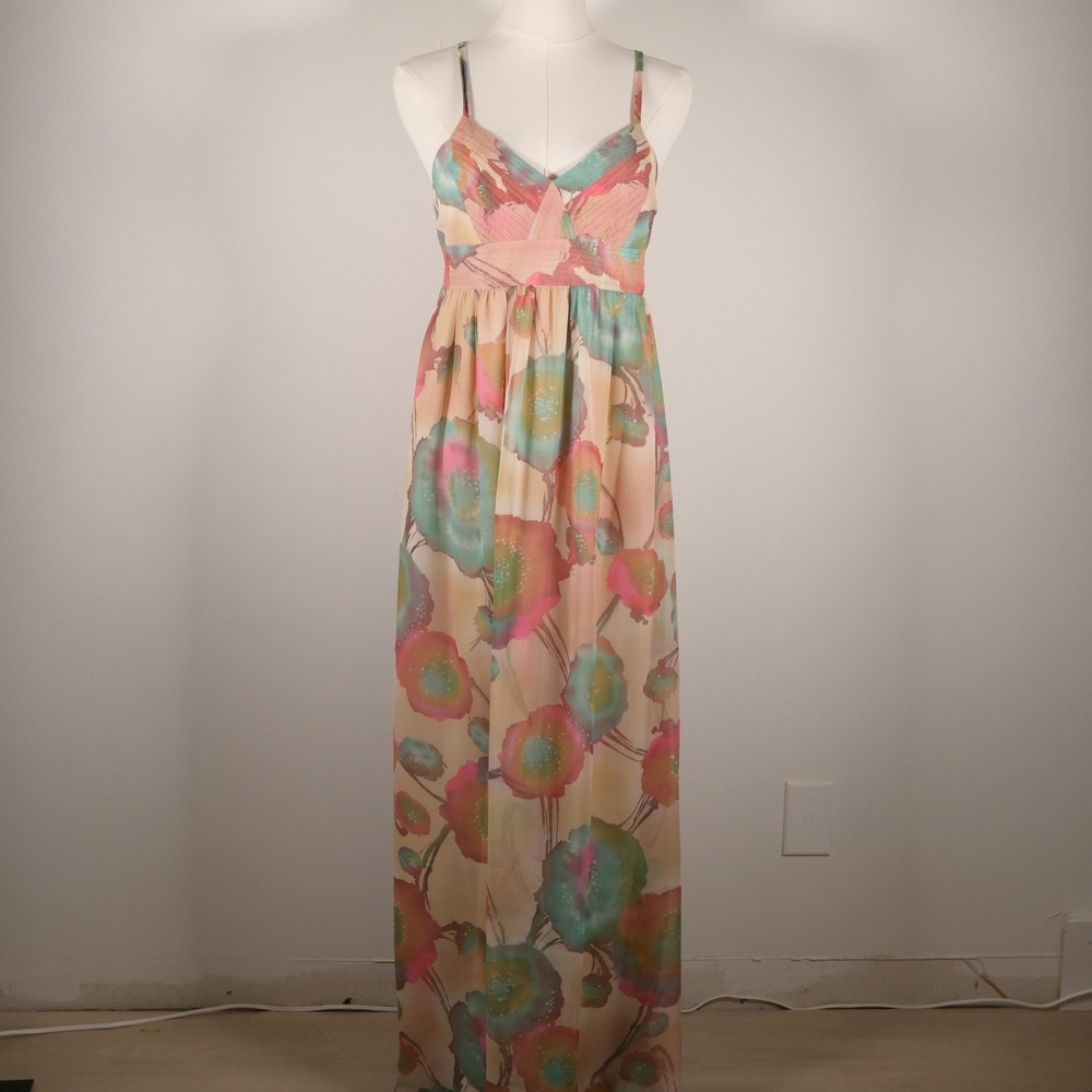 Heartloom Watercolor Floral Maxi Dress Pink Teal XS Smocked Back Pleated Bodice
